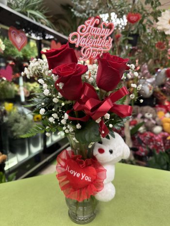 Bud Vase 3 Roses & Bear